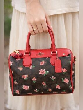 Coach Brown Floral Signature Satchel with Red Trim